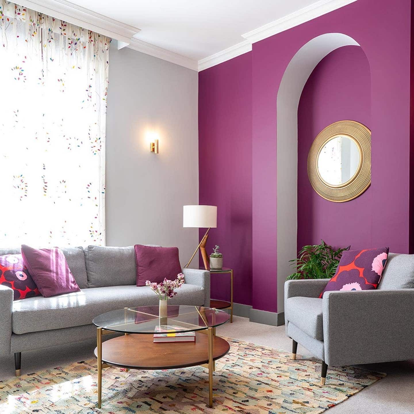 5. Modern Magenta Feature Wall Living Room - purple living room ideas