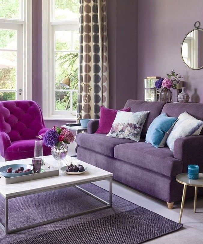 6. Soft Lavender and Berry Living Room Palette - purple living room ideas