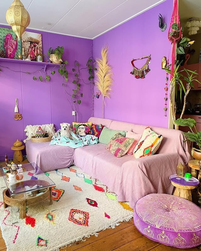 7. Bohemian Purple Living Room with Textural Layers - purple living room ideas