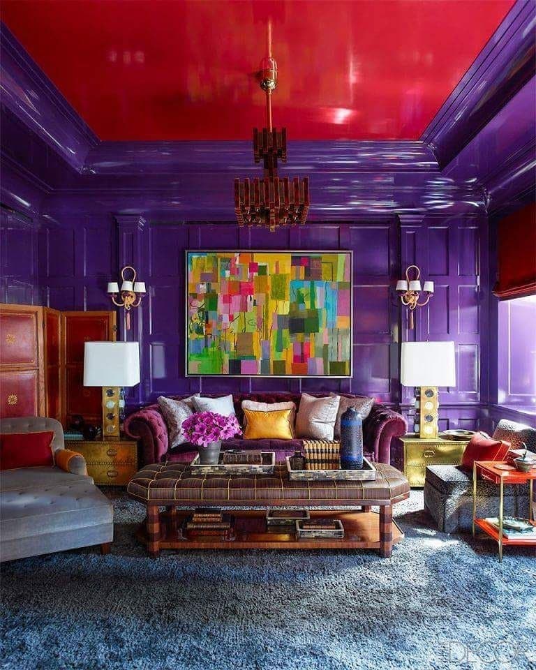 11. High-Gloss Purple and Crimson Statement Living Room - purple living room ideas