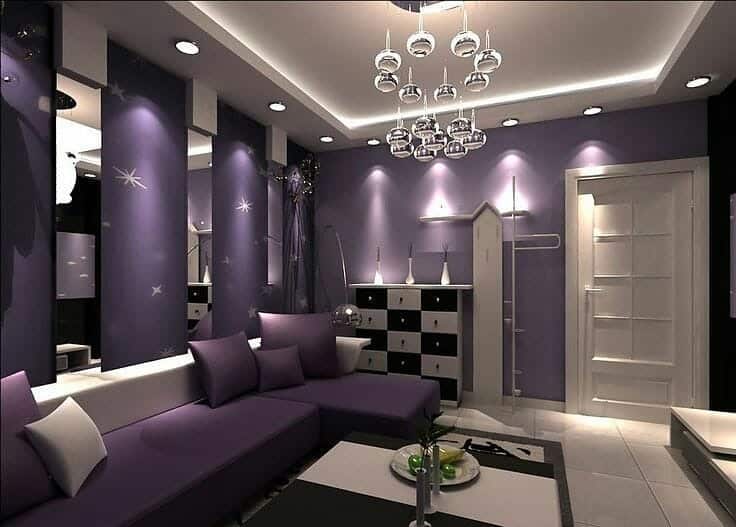 12. Contemporary Soft Violet Lounge with Ambient Lighting - purple living room ideas