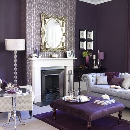 13. Elegant Plum and Silver Fireplace Living Room - purple living room ideas