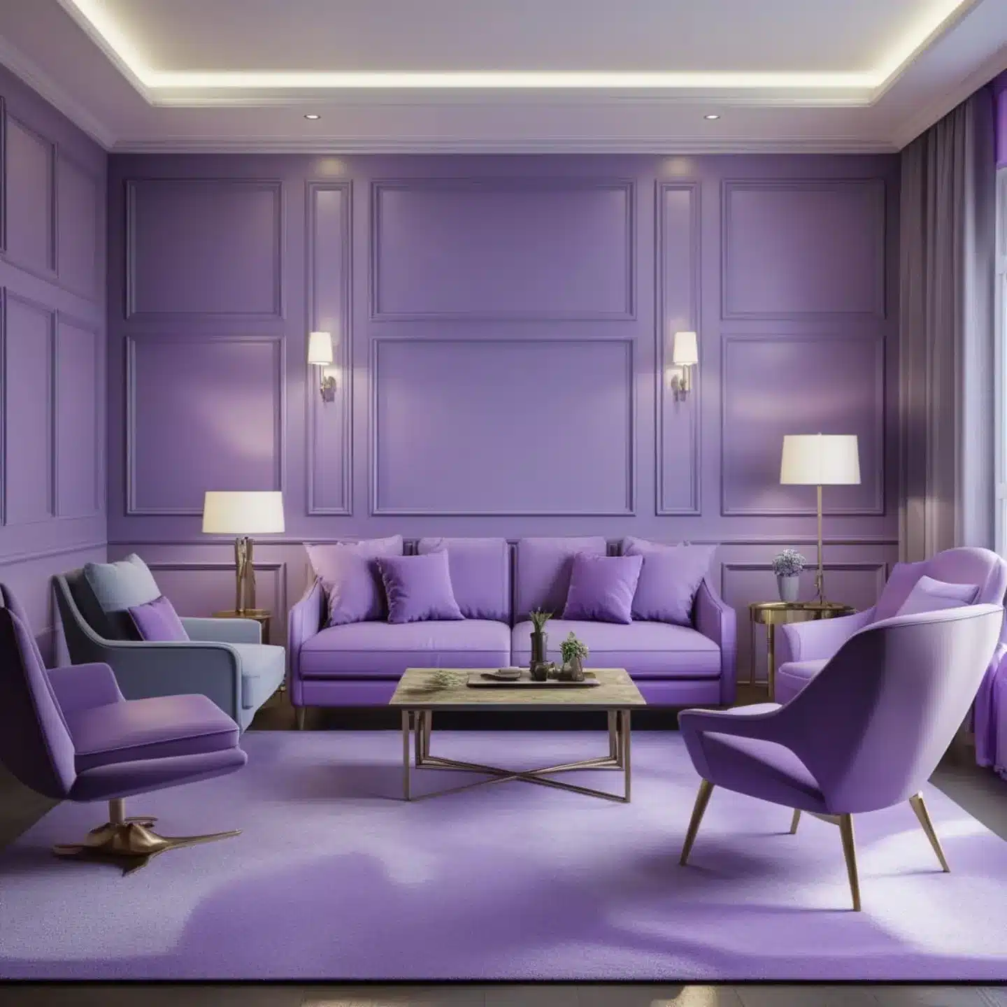 15. Monochromatic Lilac Panel Living Room Design - purple living room ideas