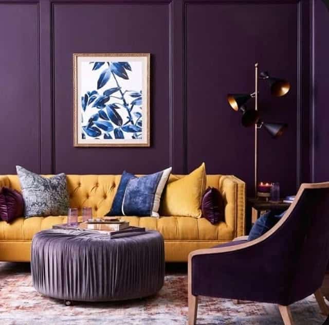 22. Deep Aubergine and Mustard Living Room Contrast - purple living room ideas