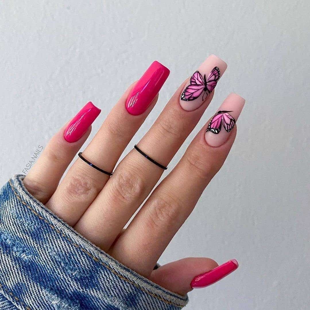1. Glossy Fuchsia Coffin Nails with Butterfly Accent - taupe nail ideas