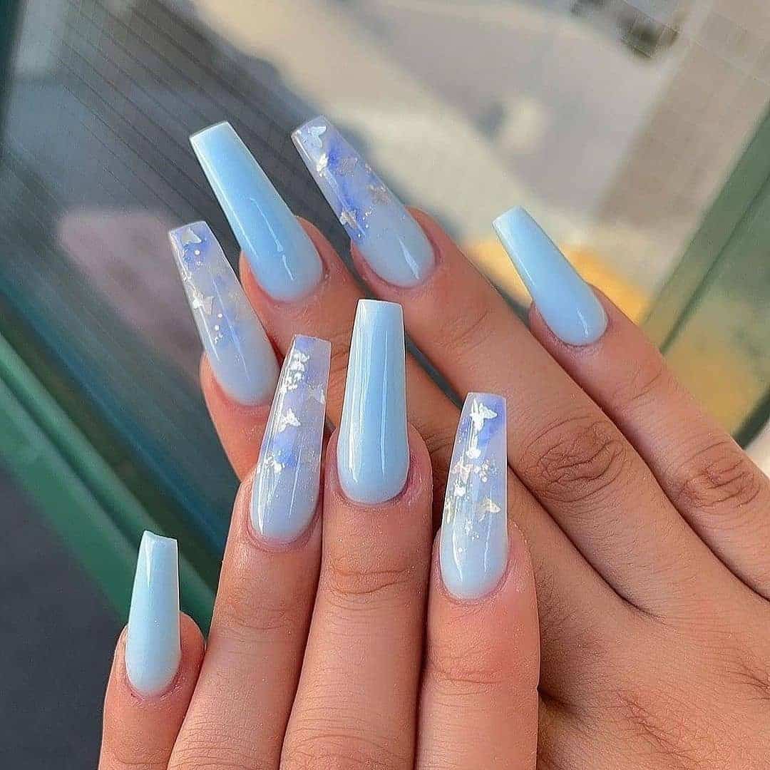 2. Icy Blue Coffin Nails with Foil Detail - taupe nail ideas