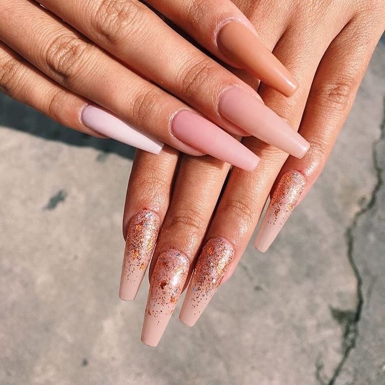 5. Nude Ombre Coffin Nails with Glitter Fade - taupe nail ideas