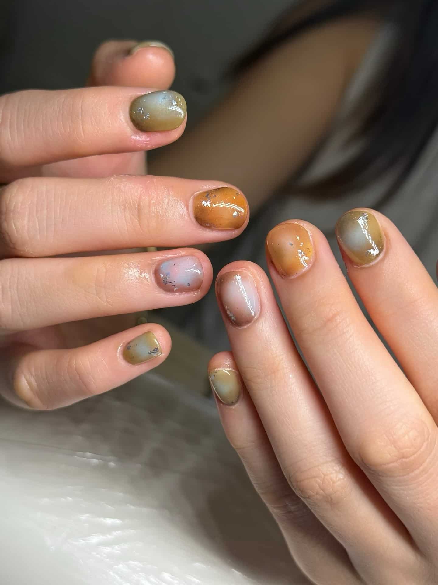 13. Earthy Abstract Short Nails in Taupe and Olive Mix - taupe nail ideas