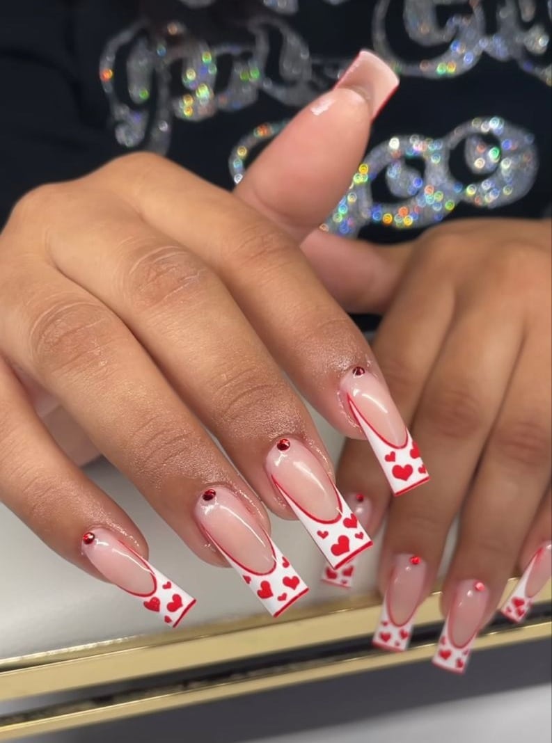 18. Nude Coffin Nails with Red Heart French Tips - taupe nail ideas