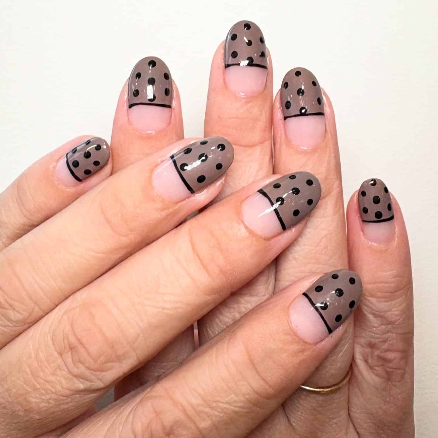 19. Taupe French Tip Nails with Black Polka Dot Detail - taupe nail ideas