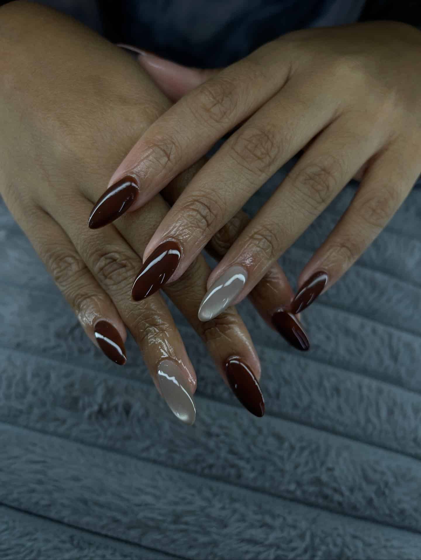 20. Glossy Chocolate Brown Almond Nails with Taupe Accent - taupe nail ideas