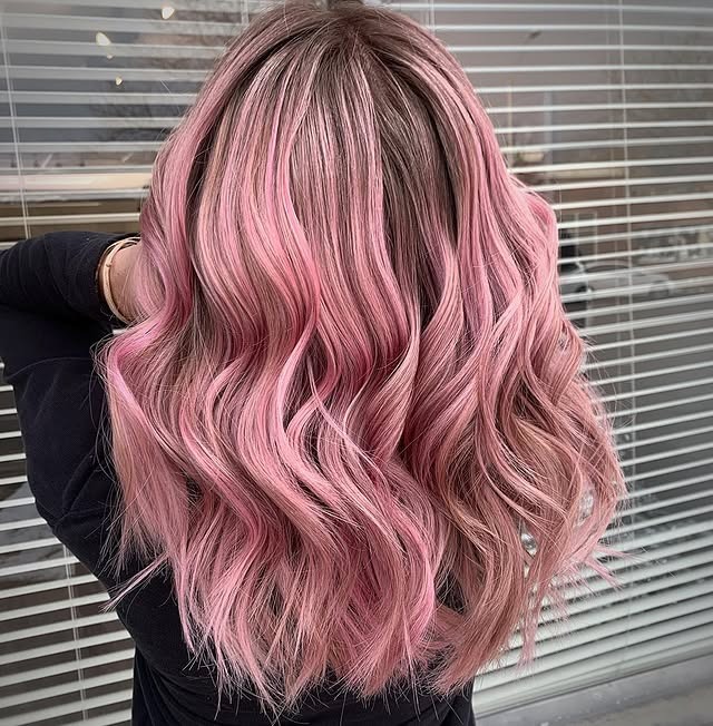 19. Rooted Pastel Pink Balayage Waves - Pastel Pink Hair Color