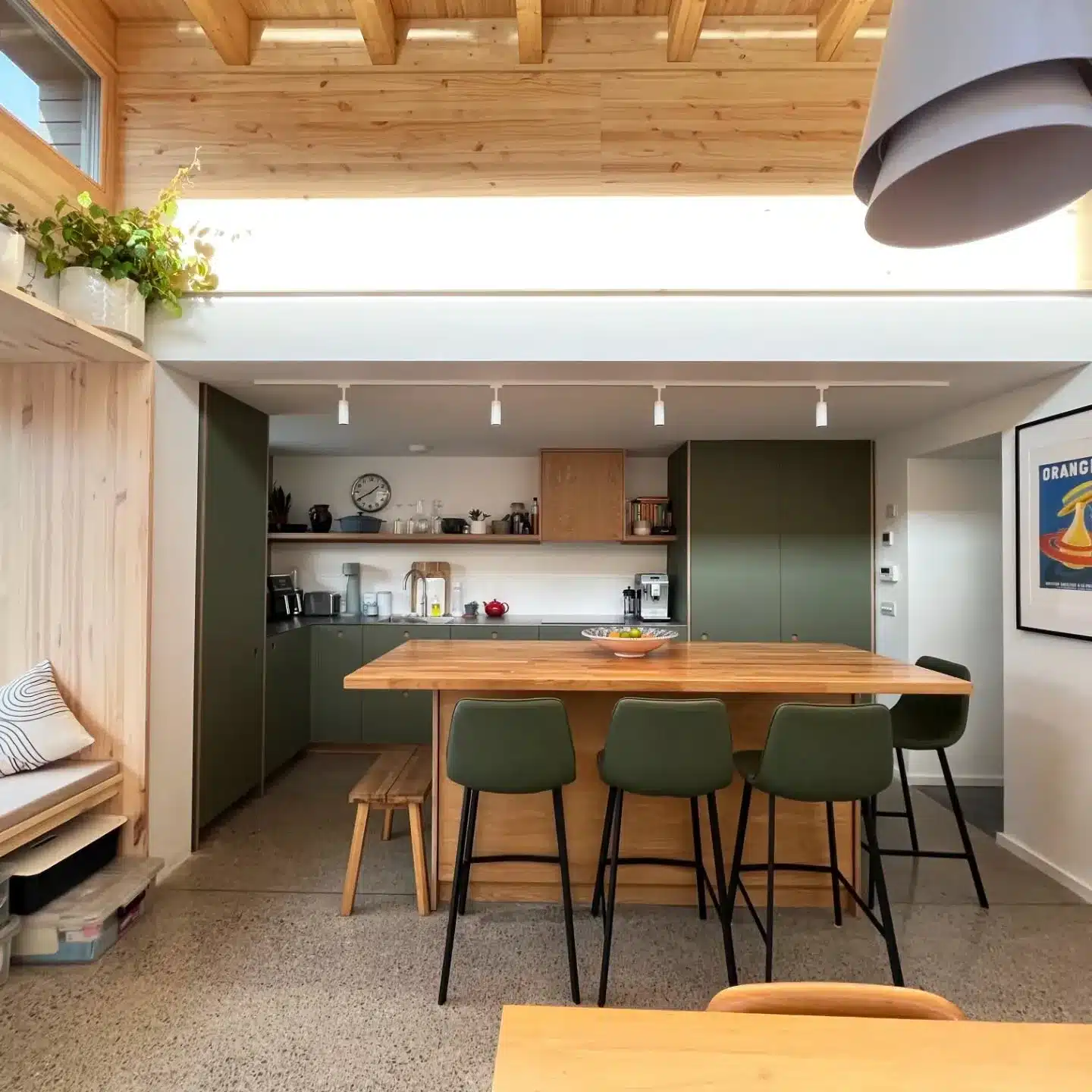 1. Modern Olive Green Kitchen with Natural Wood Accents - olive green kitchen ideas