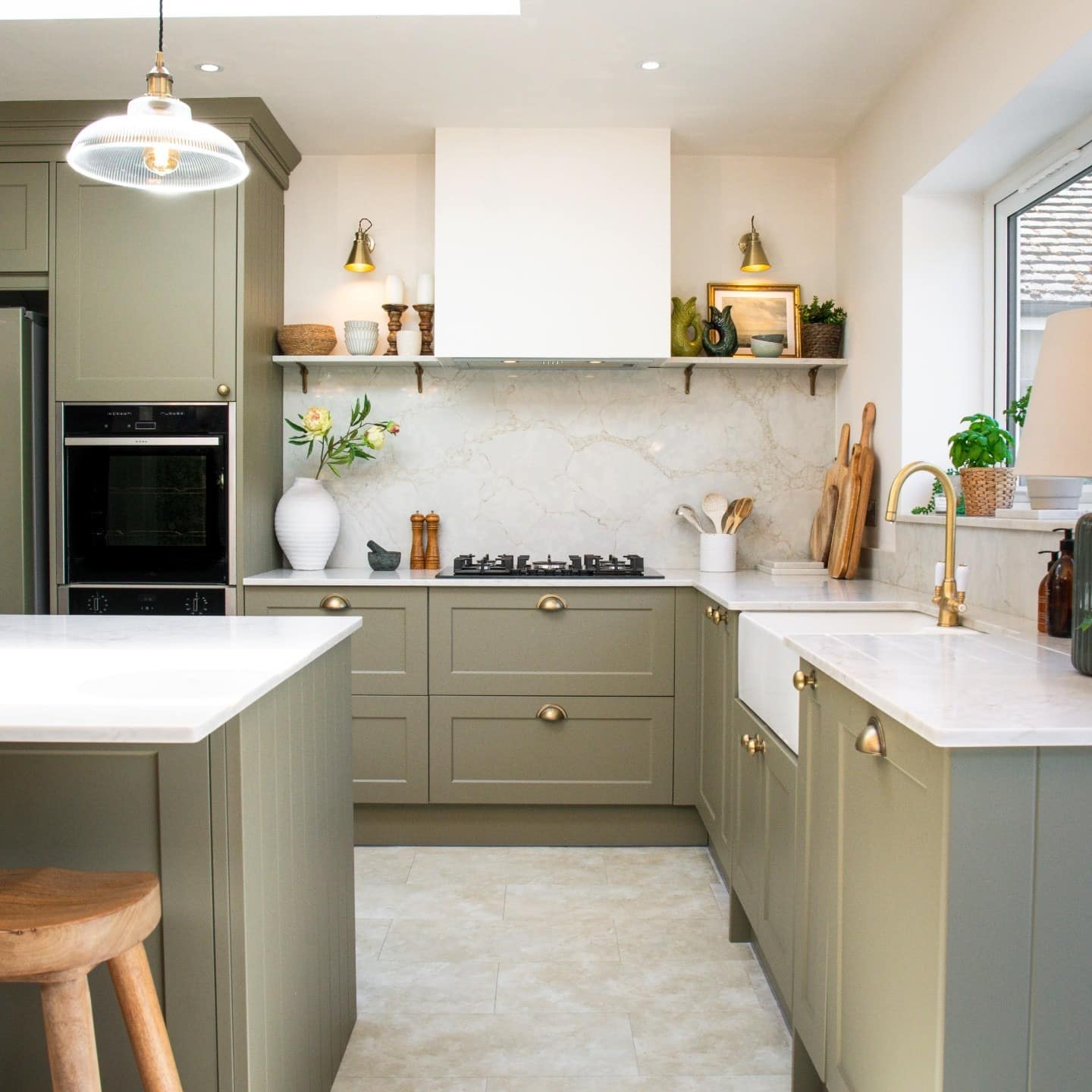 2. Classic Olive Green Shaker Kitchen with Marble Backsplash - olive green kitchen ideas