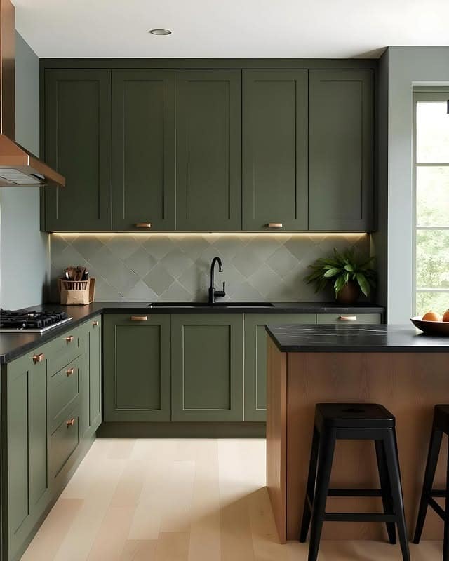 4. Minimalist Olive Green Kitchen with Sleek Lighting - olive green kitchen ideas