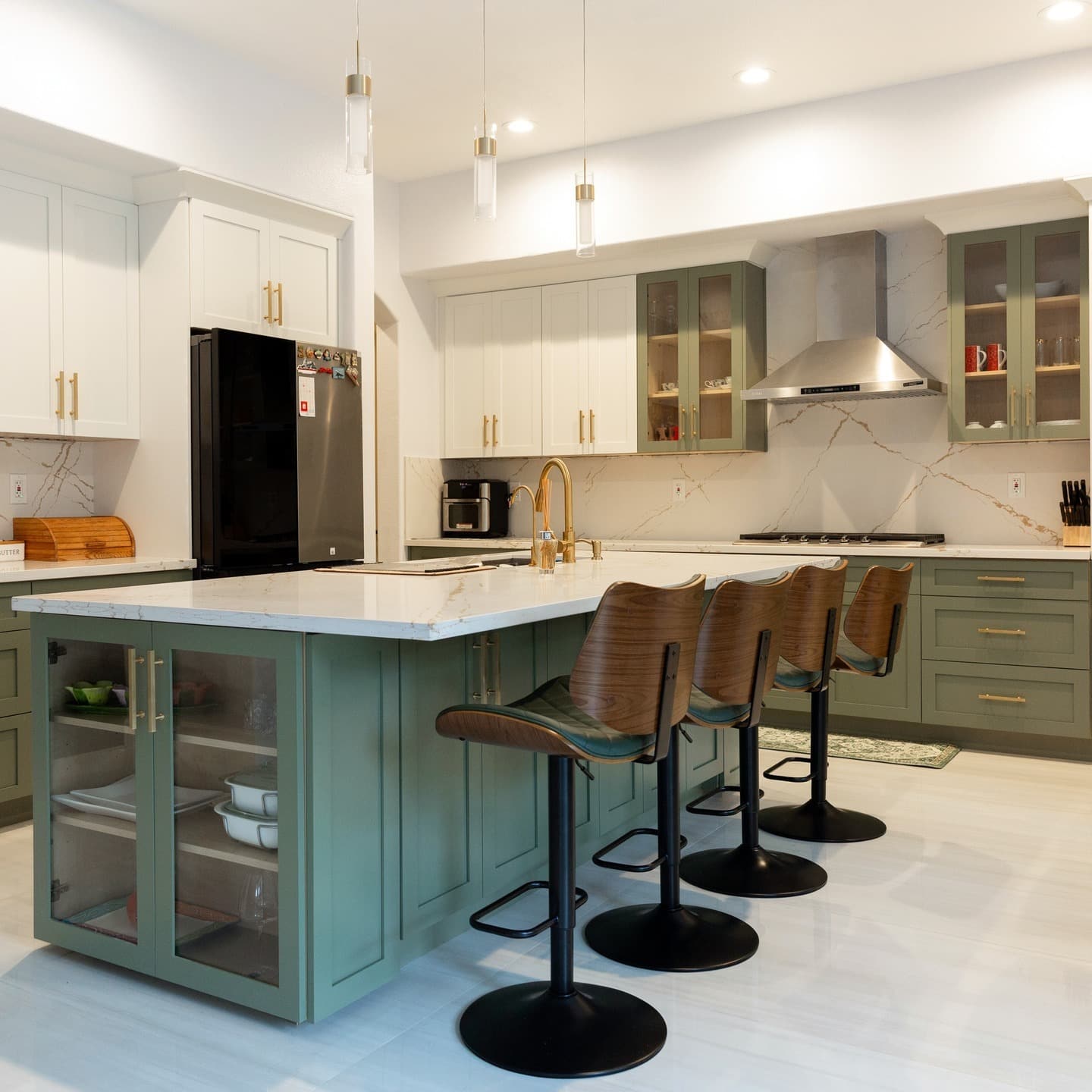5. Transitional Olive Green Kitchen with White Countertops - olive green kitchen ideas