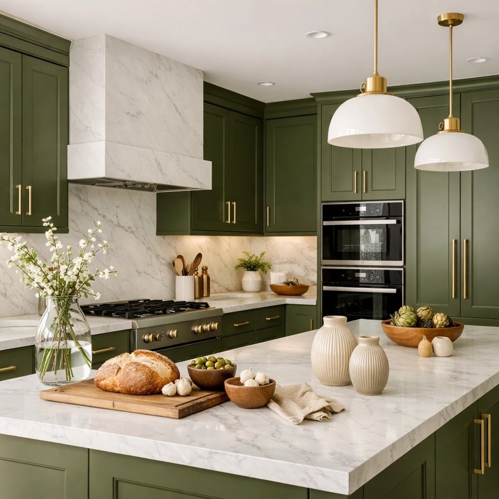 6. Elegant Olive Green Kitchen with Brass Details - olive green kitchen ideas