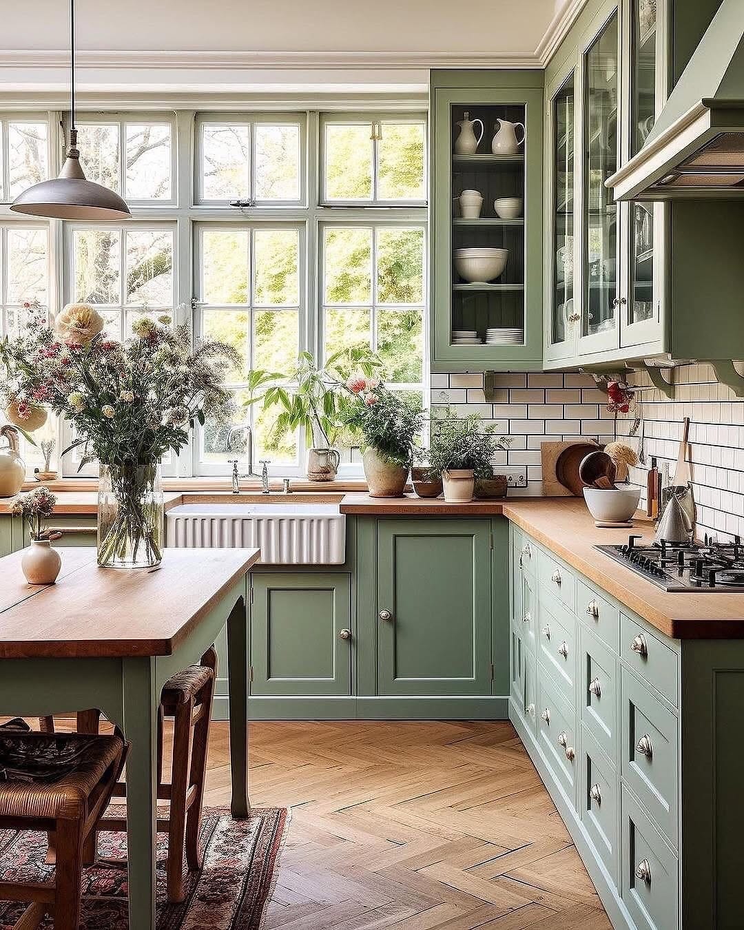 9. Cottage-Inspired Olive Green Kitchen with Soft Details - olive green kitchen ideas