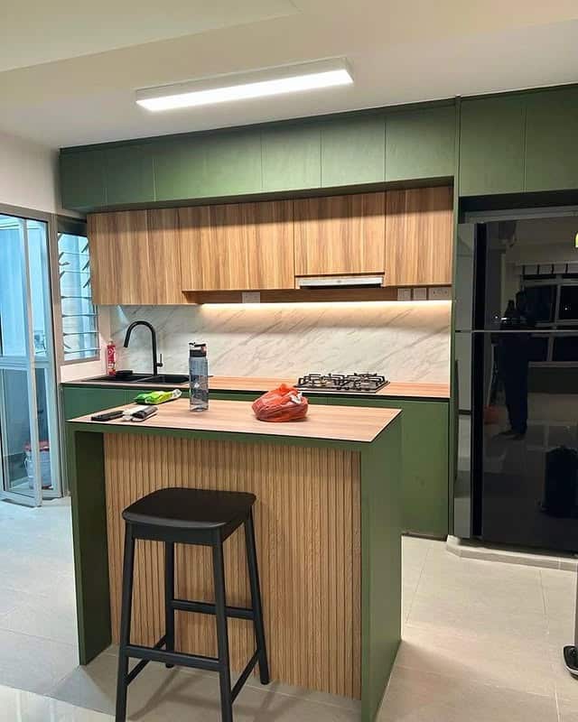 10. Contemporary Olive Green Kitchen with Wood Panel Features - olive green kitchen ideas