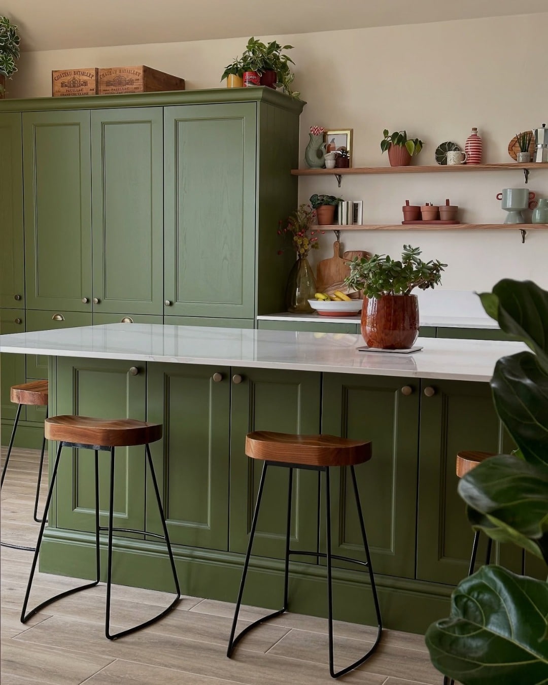 12. Heritage Olive Green Kitchen with Open Shelving - olive green kitchen ideas