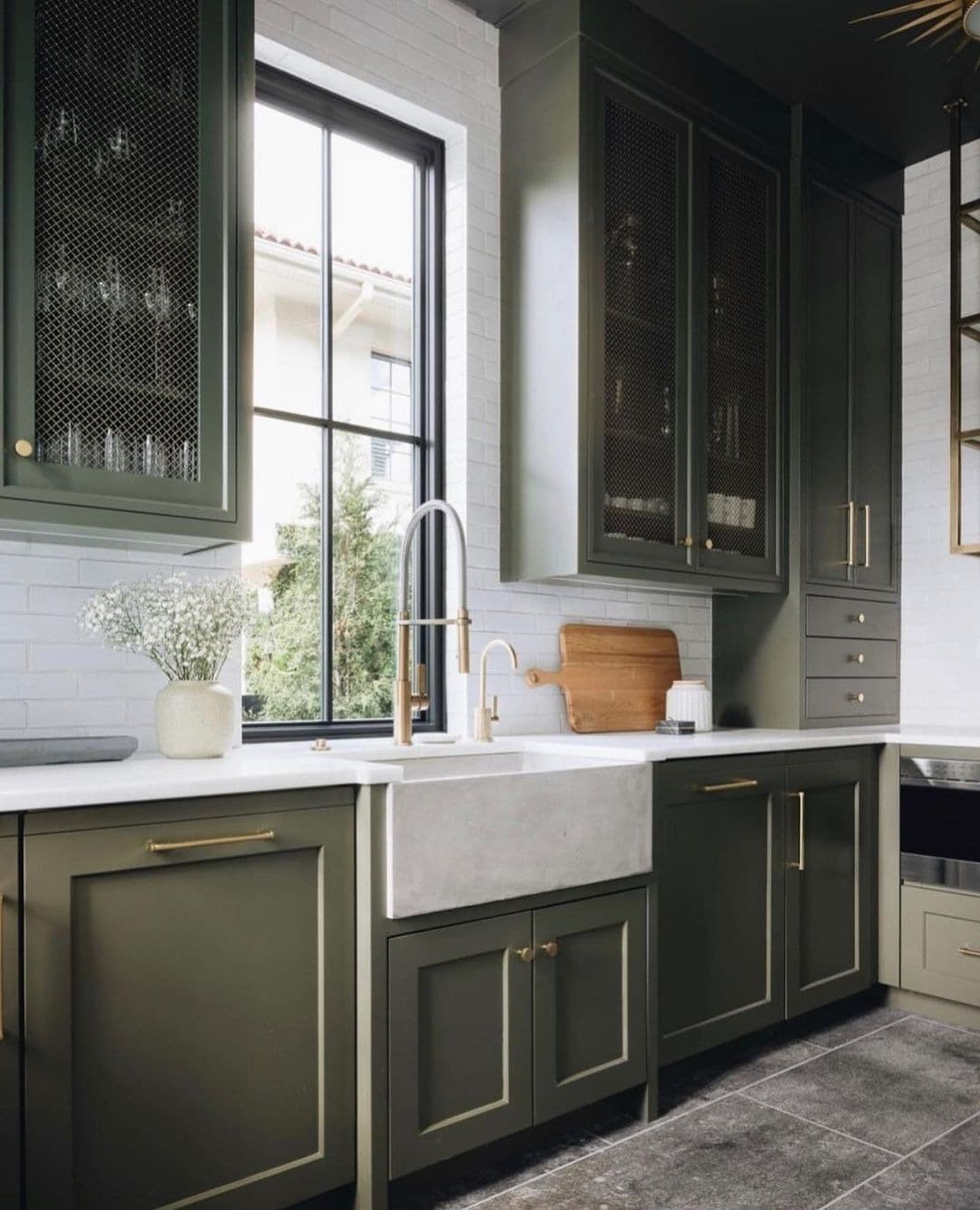 14. Contemporary Olive Green Kitchen with Black Framed Windows - olive green kitchen ideas