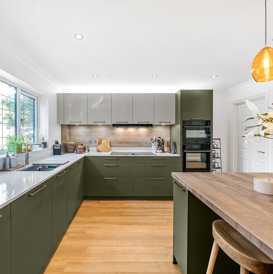 17. Modern Olive Green Kitchen with Two-Tone Cabinetry - olive green kitchen ideas