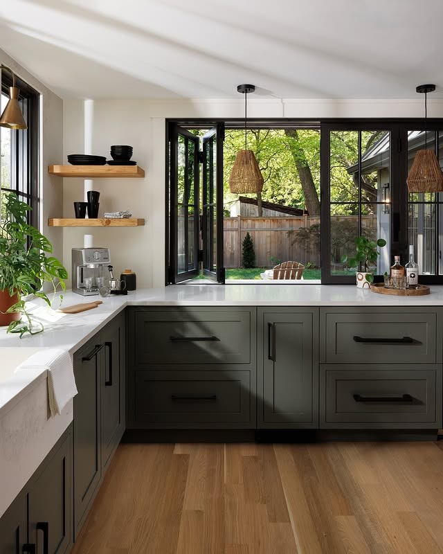 18. Minimal Olive Green Kitchen with Natural Wood and Open Views - olive green kitchen ideas