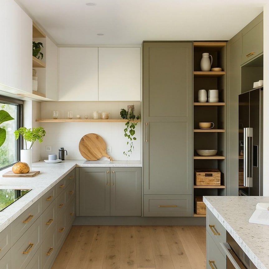 19. Contemporary Olive Green Kitchen with Built-In Storage Wall - olive green kitchen ideas