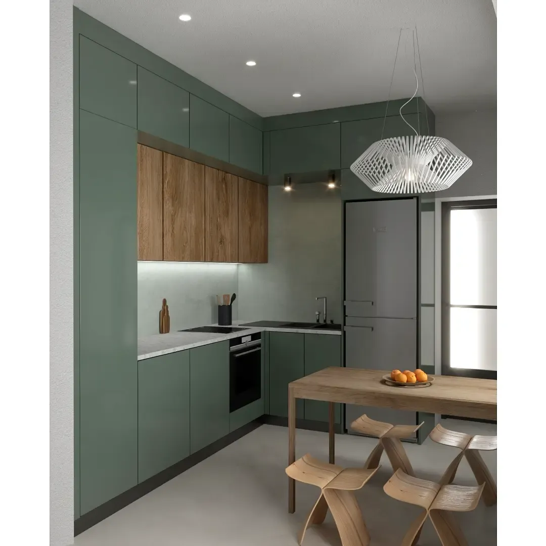21. Modern Olive Green Kitchen with Integrated Wood Panels - olive green kitchen ideas