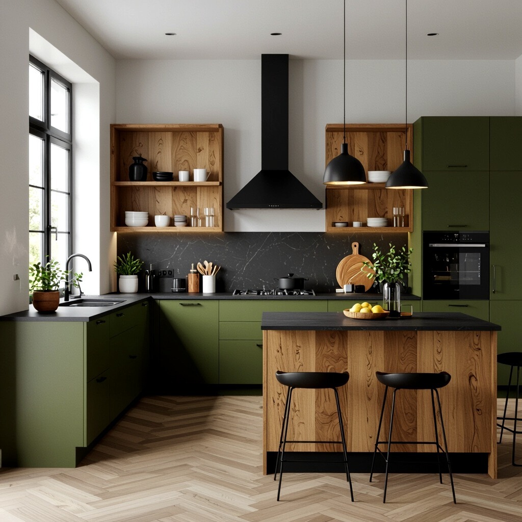 22. Industrial Olive Green Kitchen with Black Accents and Wood Island - olive green kitchen ideas