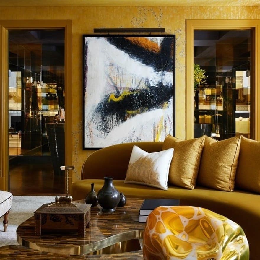 8. Deep Mustard Glam Living Room with Metallic Touches - yellow living room ideas