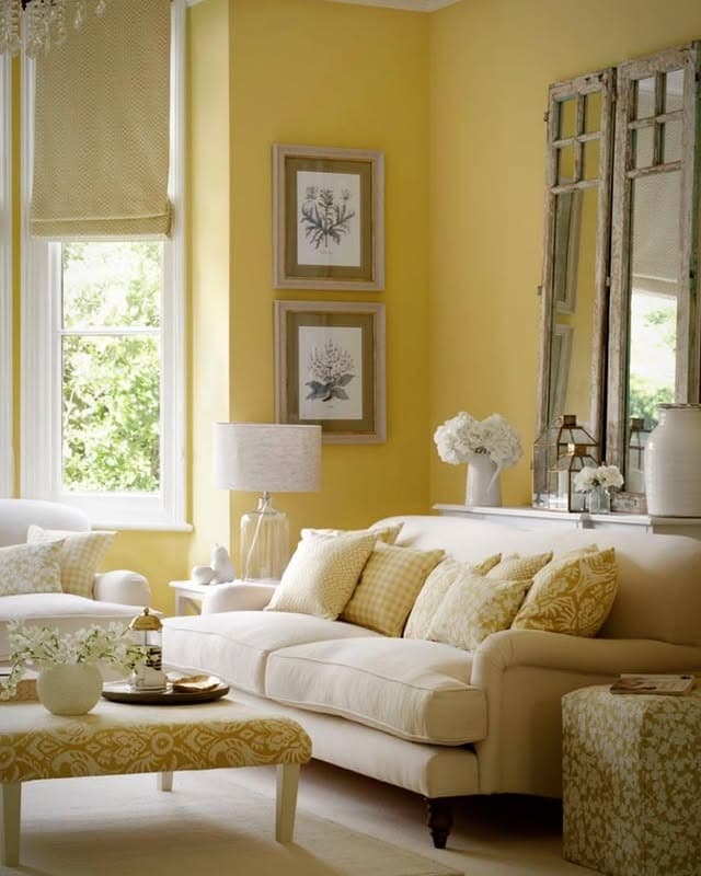 16. Light Yellow and Cream Living Room with Soft Textures - yellow living room ideas
