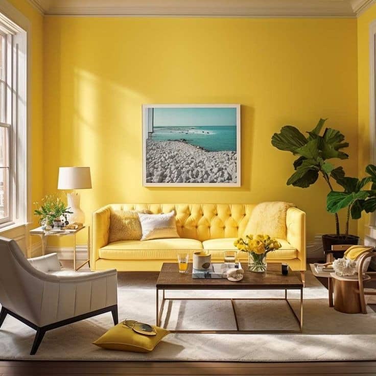 22. Bright Yellow Walls with Coordinated Sofa Statement - yellow living room ideas