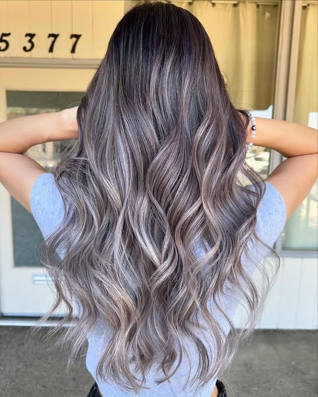 12. Smoky Silver-Lavender Balayage Waves - Silver Lavender Hair Color