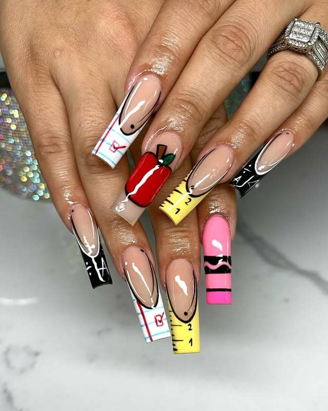 9. Pastel Checkerboard and Smiley Nails in Soft Yellow and Blue - teacher nail ideas