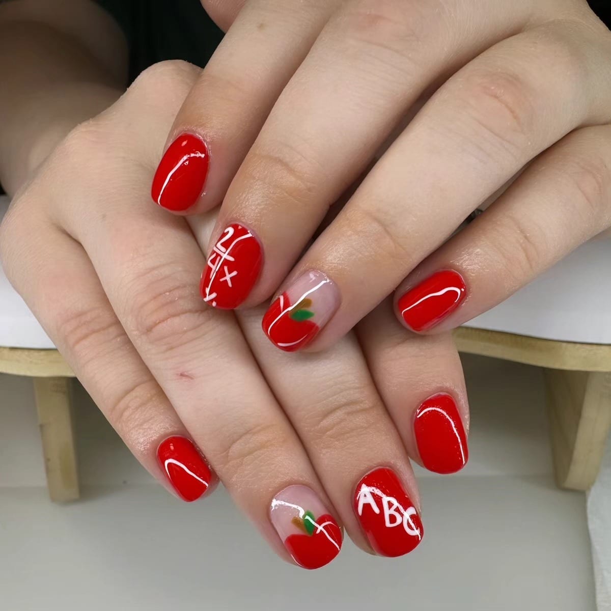 10. Long Coffin Classroom Art Nails with Ruler and Apple Design - teacher nail ideas