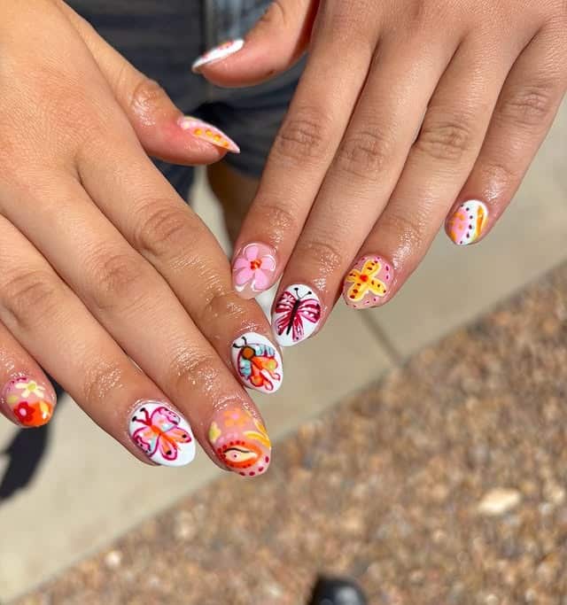 12. Butterfly Garden Nails in Pink, Orange, and White - teacher nail ideas
