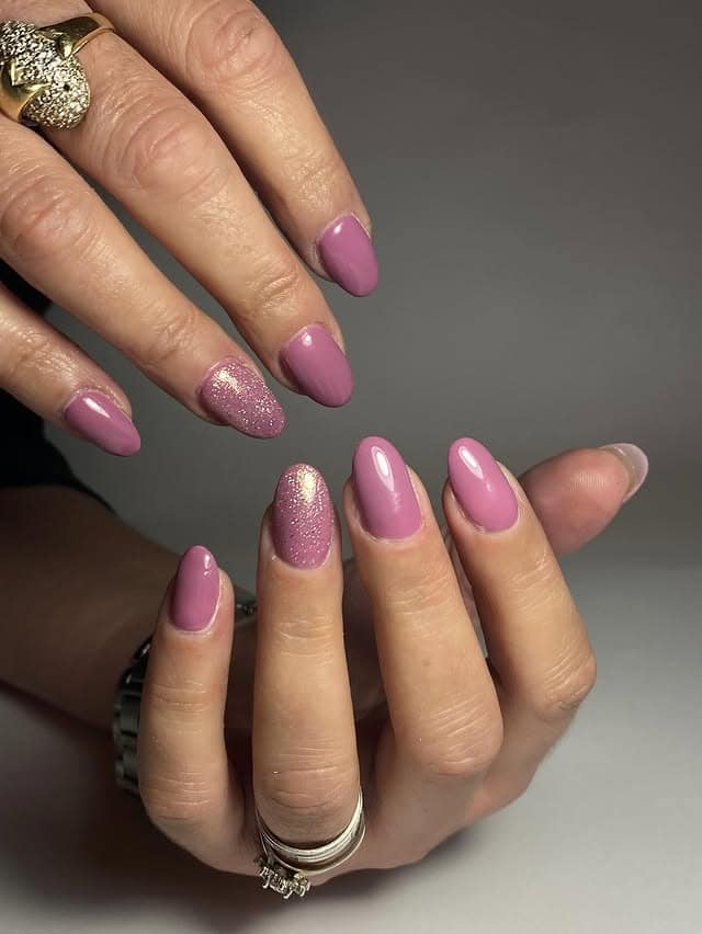 3. Dusty Mauve Short Almond with Shimmer Detail - violet nail ideas