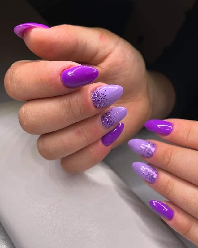 13. Purple and Lilac Almond Ombre with Glitter Fade - violet nail ideas