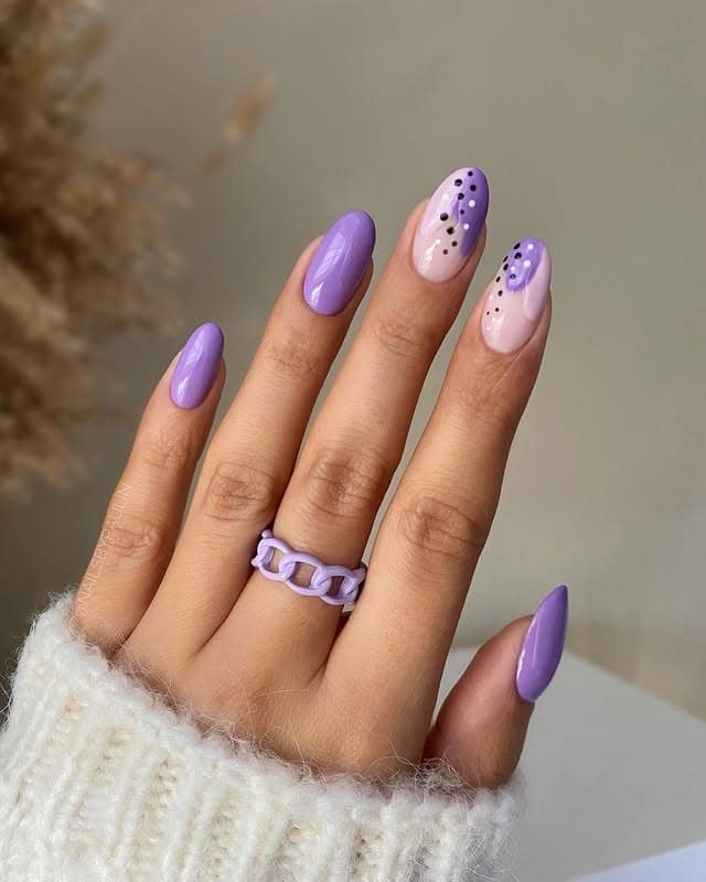 15. Pastel Lilac Almond Nails with Polka Dot Accent - violet nail ideas