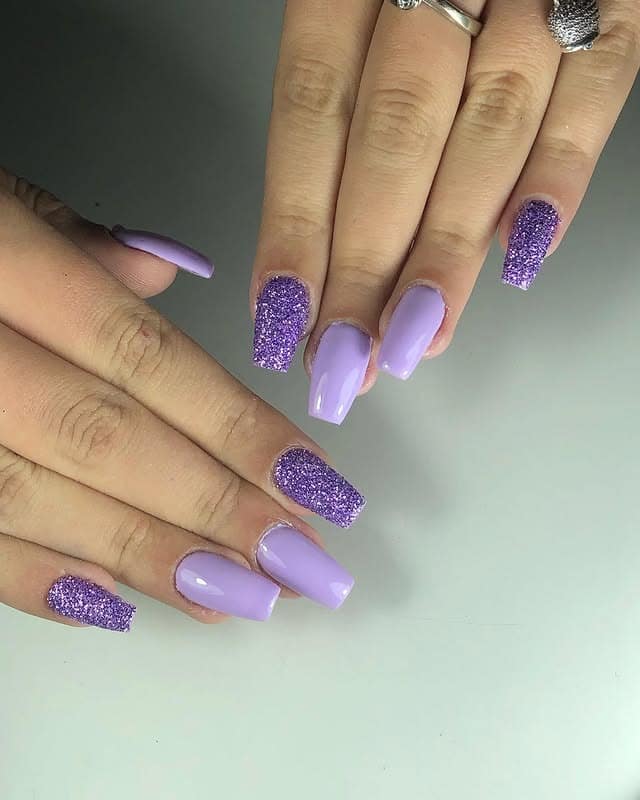 18. Lilac Square Nails with Full Glitter Accents - violet nail ideas