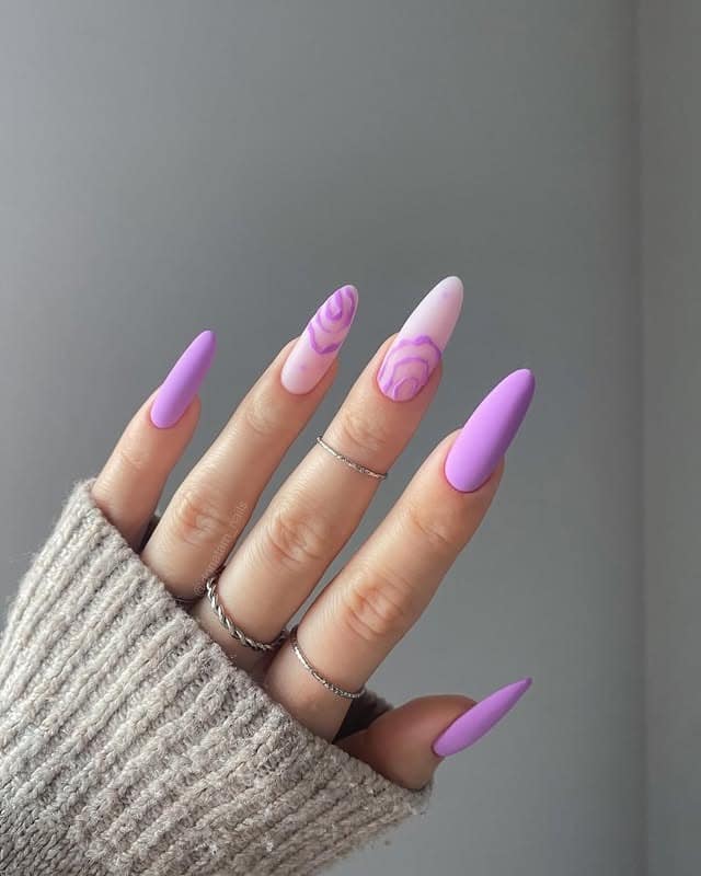 19. Matte Lilac Almond Nails with Abstract Swirl Design - violet nail ideas