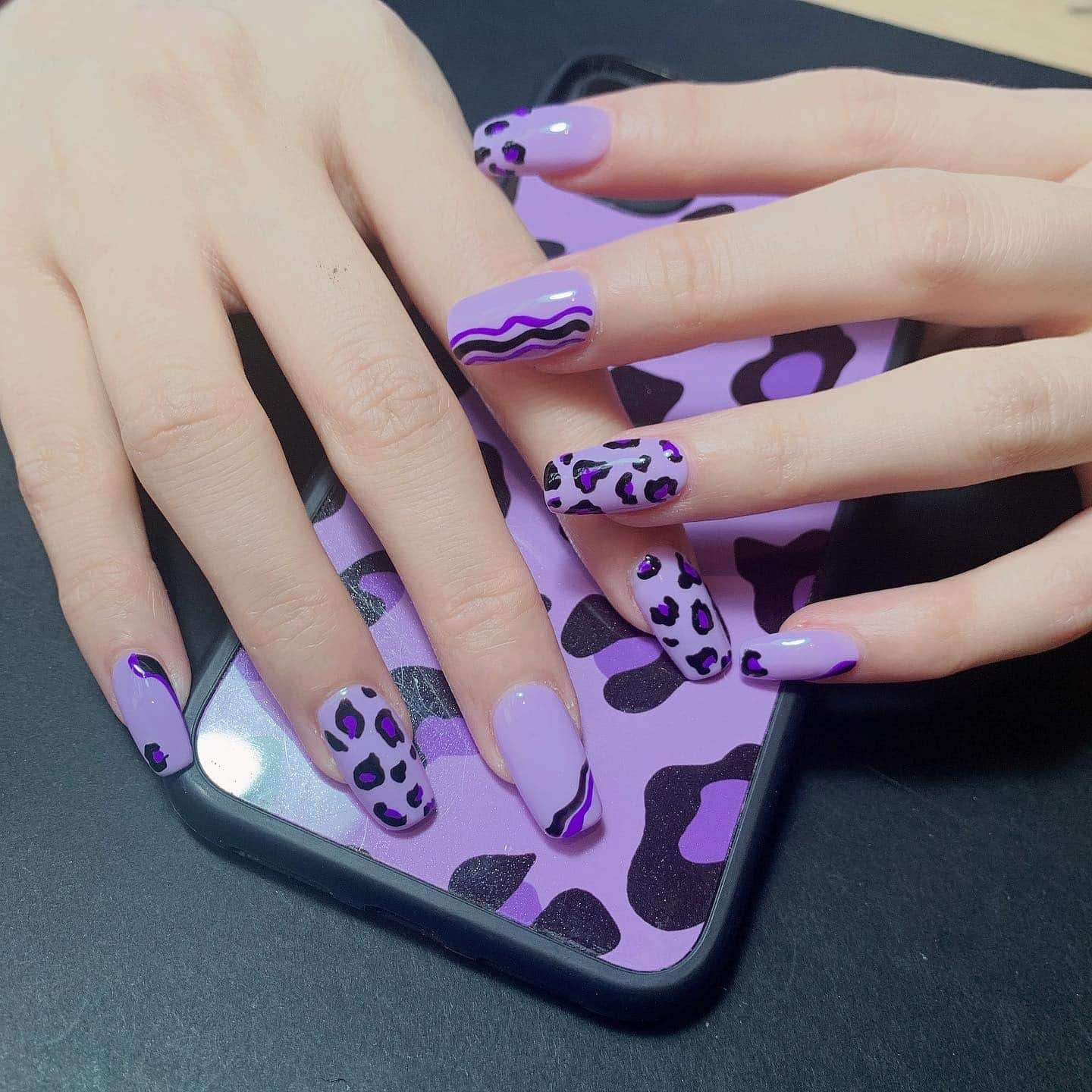 21. Lavender Square Nails with Leopard Print and Wave Accents - violet nail ideas