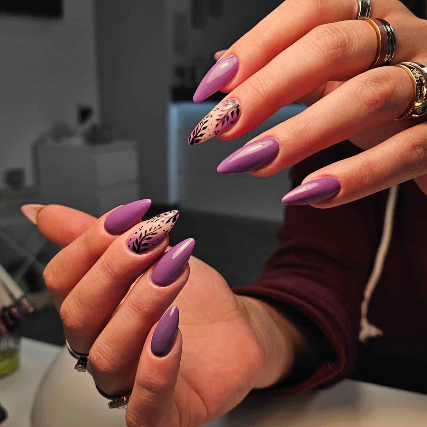 22. Mauve Violet Almond Nails with Botanical Accent Art - violet nail ideas