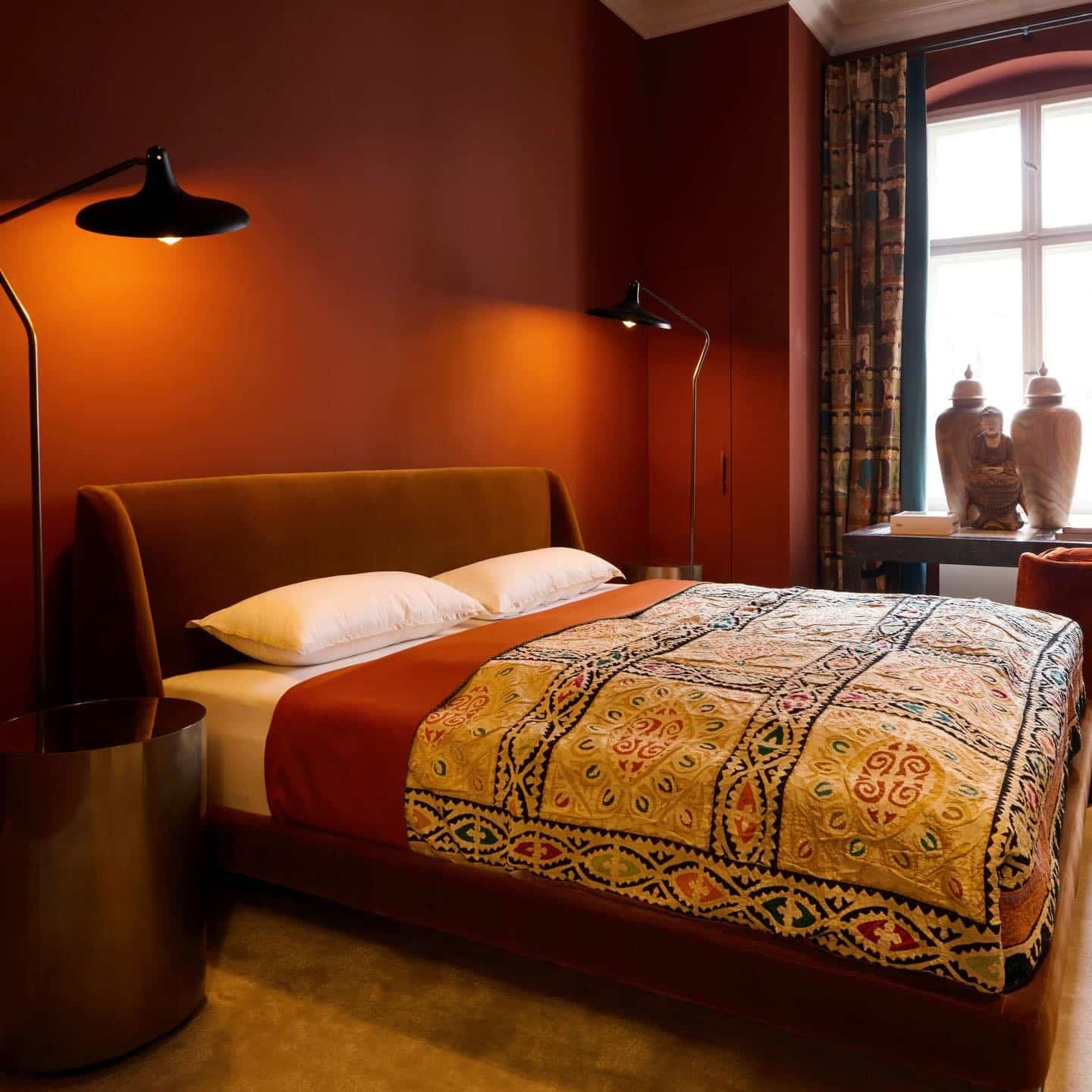 5. Bold Terracotta Statement with Vintage Influence - small bedroom ideas