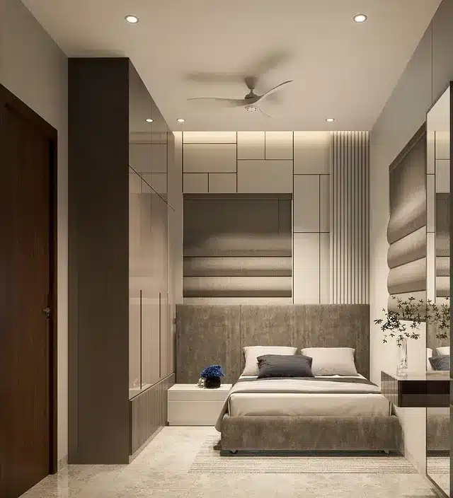 16. Contemporary Neutral Bedroom with Textured Wall Panels - small bedroom ideas