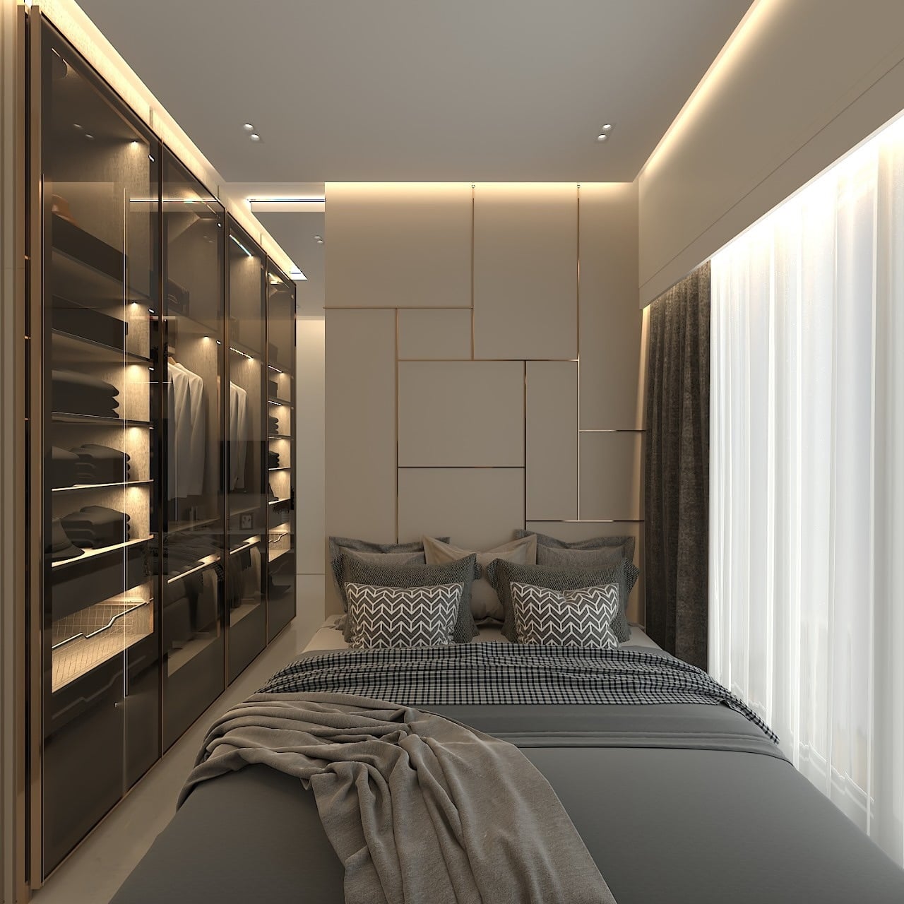 17. Sleek Wardrobe Wall Bedroom in Charcoal and Cream - small bedroom ideas