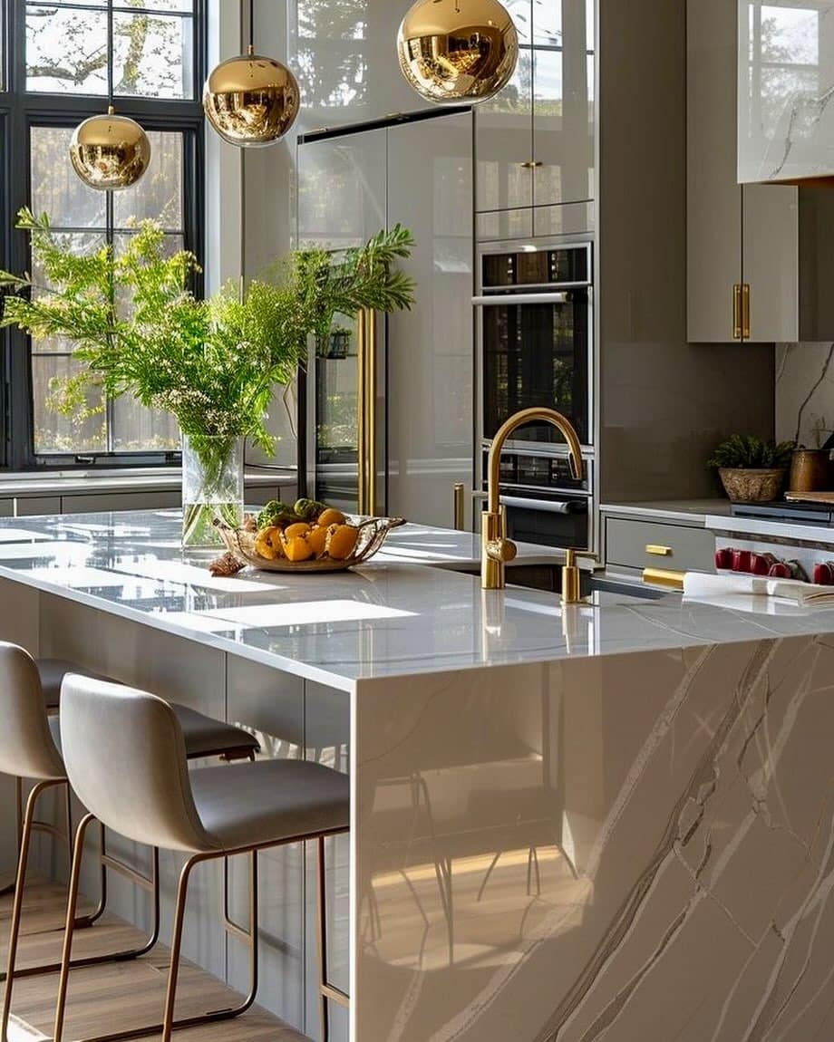3. Contemporary Gloss Kitchen with Gold Details - beautiful kitchen ideas