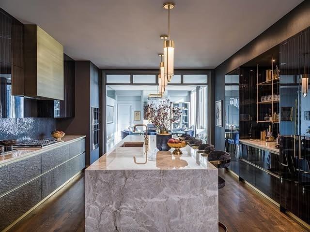 4. Dramatic Modern Kitchen with Marble Island - beautiful kitchen ideas