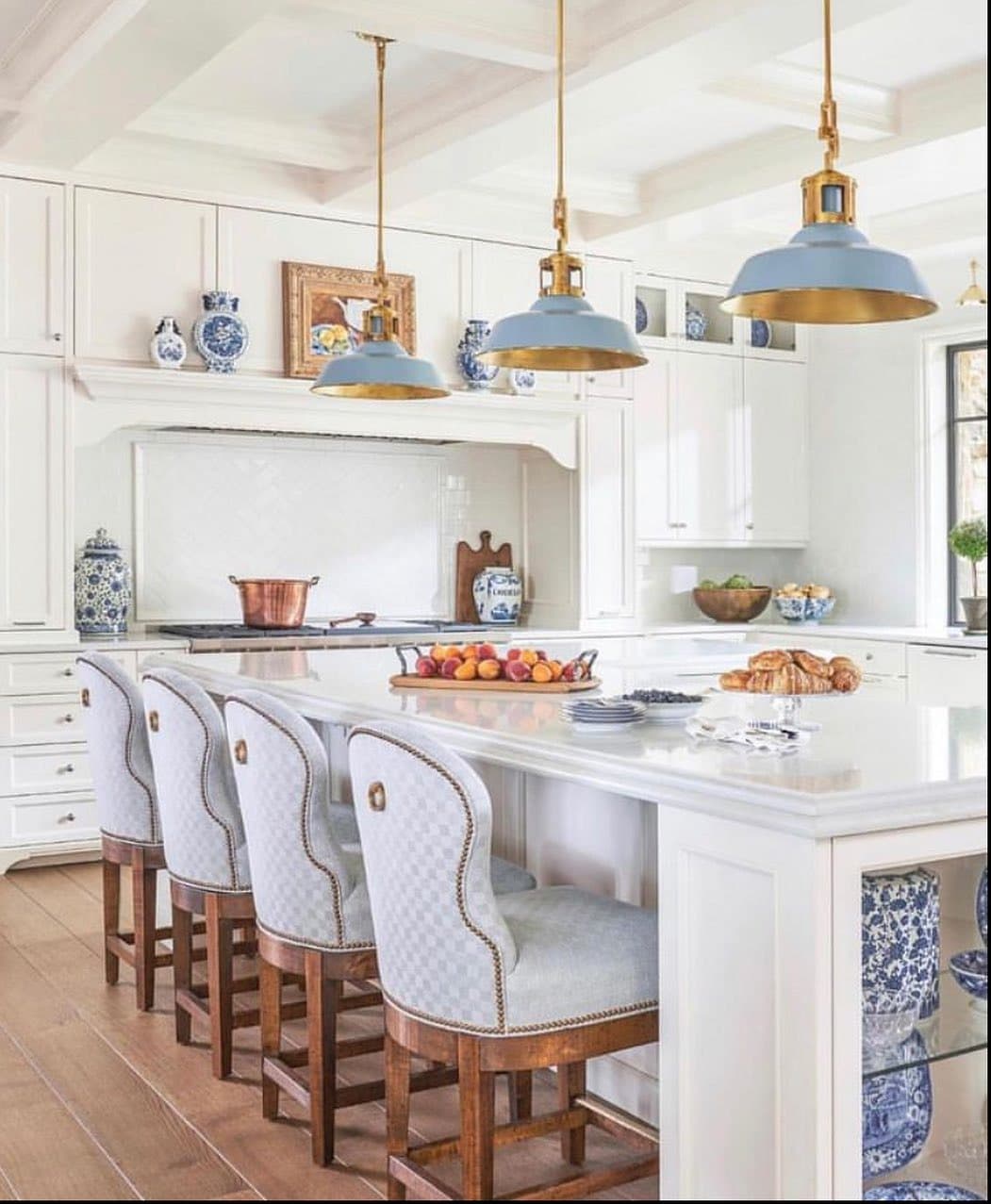 8. Bright White Kitchen with Blue Accents - beautiful kitchen ideas